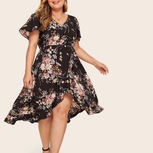 Plus Floral Print Ruffle Asymmetrical Hem Dress